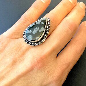 Snowflake Obsidian Ring, Size 7.5 Silver and Black Statement Boho Vintage